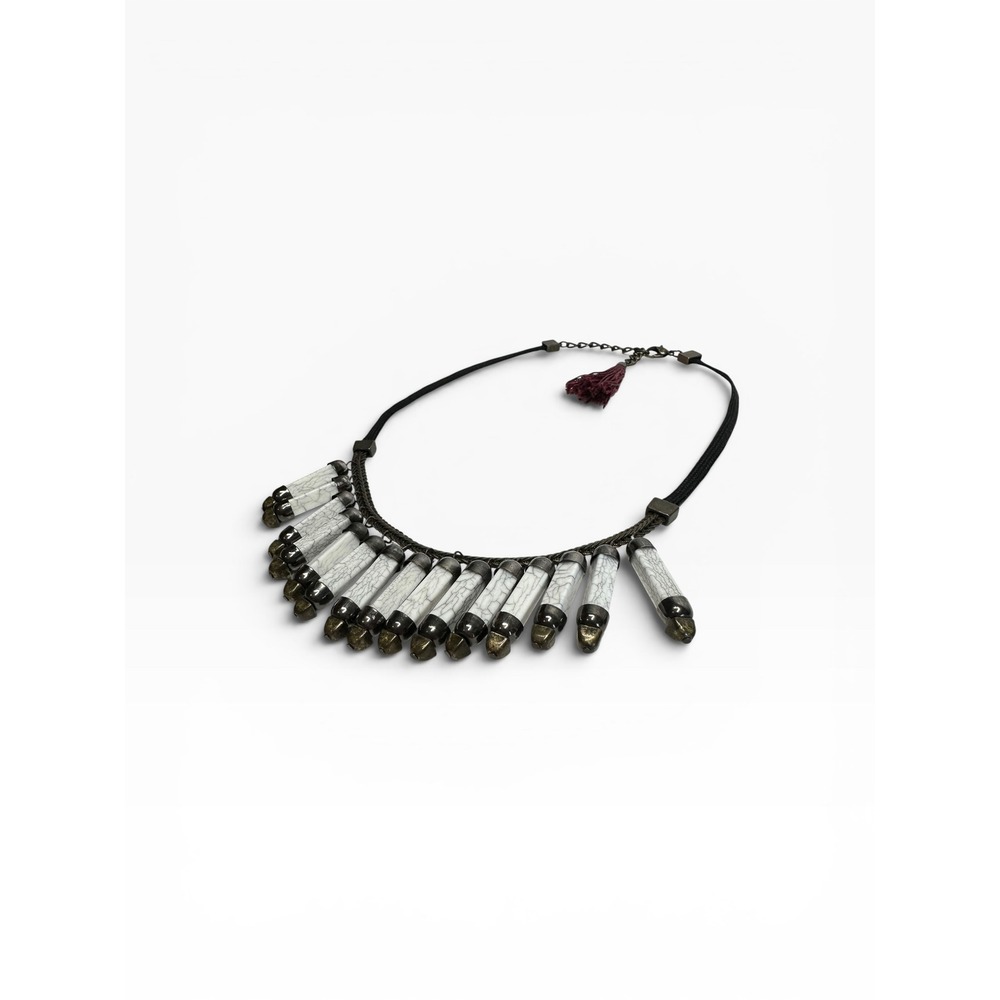 Unique Bib Statement Necklace Womens White Black Gold Excellent Tribal Tassel